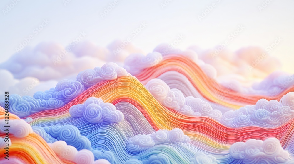 Poster a colorful mountain range with clouds in the sky. the clouds are in different colors and sizes, crea