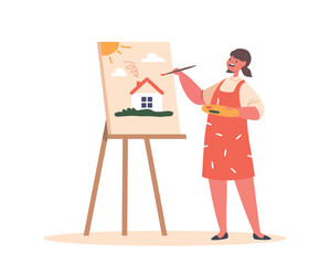 Talented Child Painting On Easel In Artist Studio. Little Girl Character Drawing In Art School Workshop Create Pictures