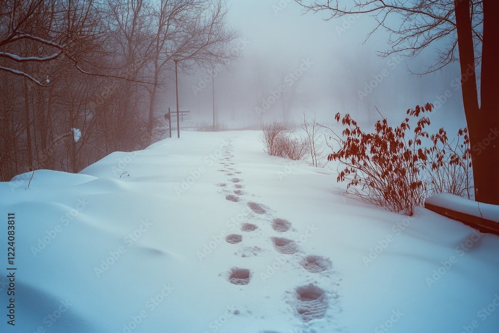 Poster a snowy path with a few footprints in the snow. the snow is deep and the sky is cloudy