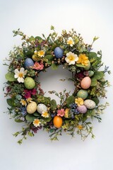 A wreath with a variety of flowers and eggs. The eggs are in different sizes and colors, and the flowers are in various shades of green and yellow. The wreath is a beautiful