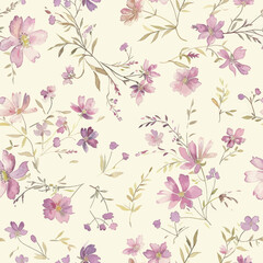 Cute soft purple and pink flowers watercolor seamless pattern. Watercolor print in rustic vintage style, textile or wallpapers.