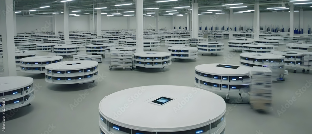 Poster automated warehouse; rotating shelves; inventory management; digital display; efficient logistics