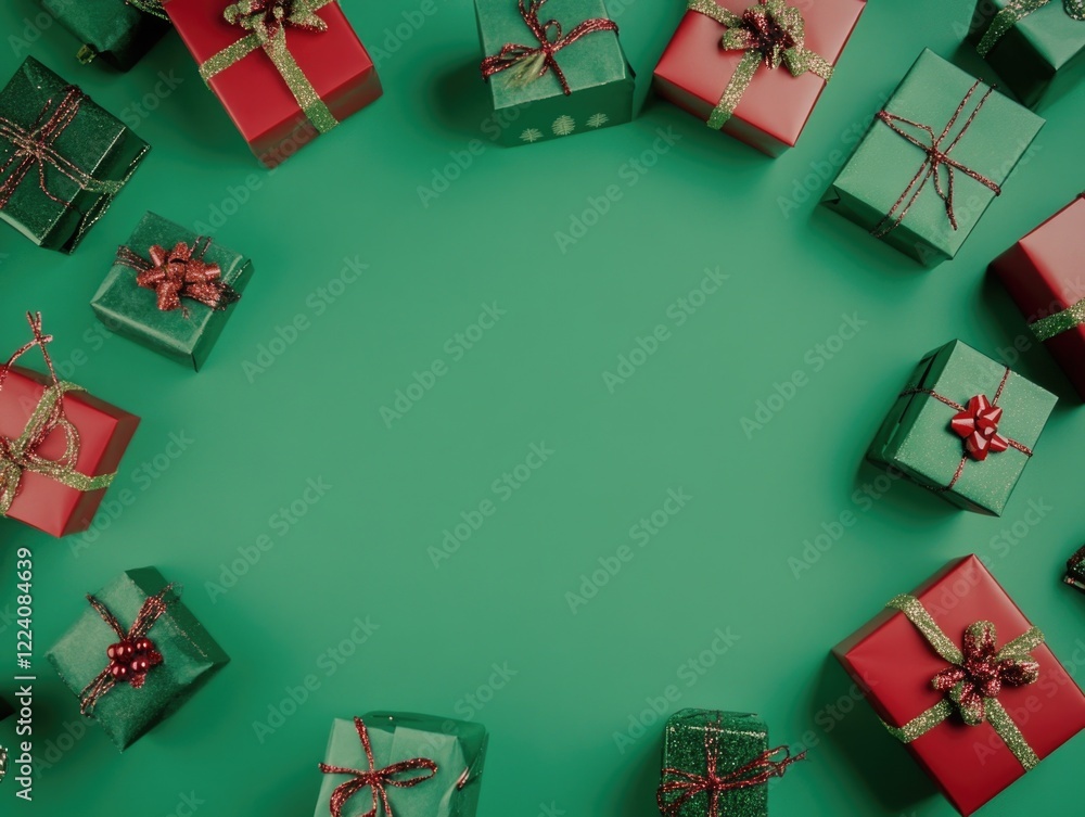 Poster a green background with a bunch of red and green boxes. the boxes are all different sizes and are ar