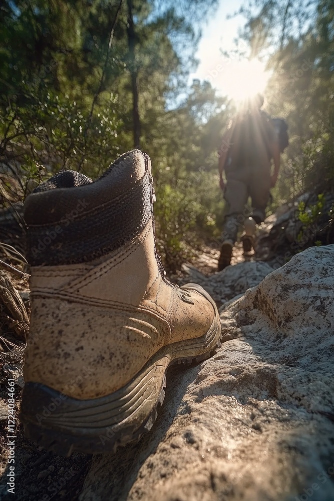 Poster a person is walking on a rocky path with a dirty boot. the boot is on a rock and the person is walki