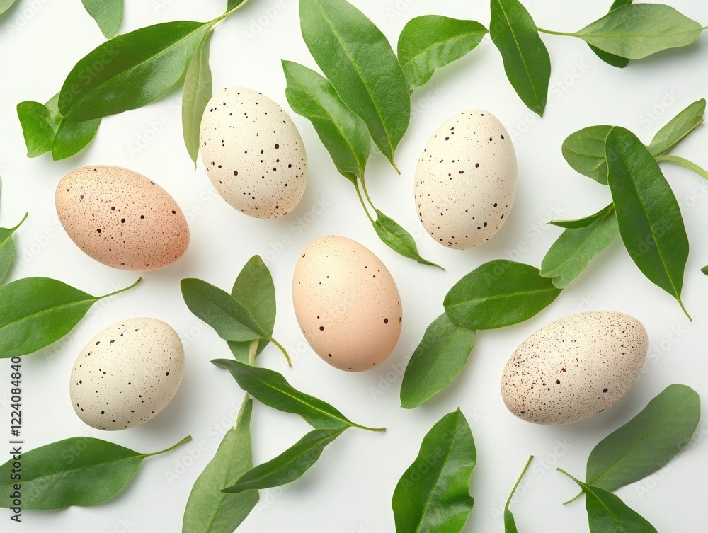 Poster a group of eggs are scattered on a leafy green background. the eggs are of different sizes and color