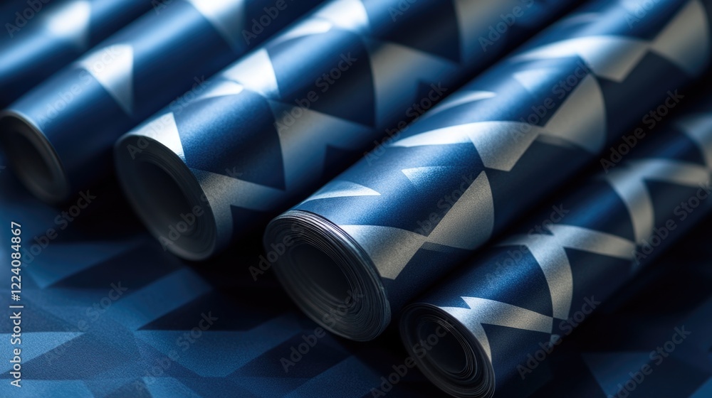 Poster a row of blue and silver striped wallpaper rolls. the rolls are stacked on top of each other, creati