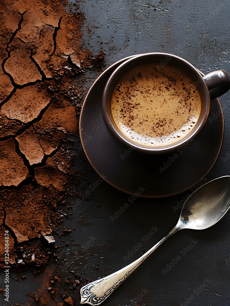 Poster rustic coffee cup on dark table with spilled cocoa powder aesthetic flatlay : generative ai