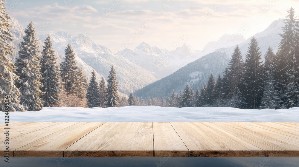 Poster a wooden table with a view of snow covered mountains in the background. the scene is peaceful and se