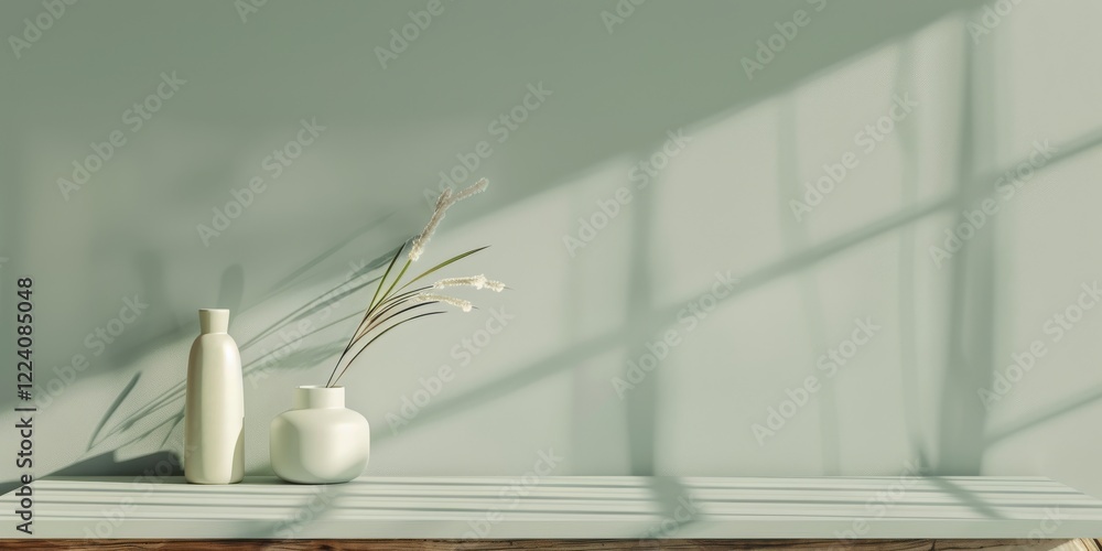 Poster a minimalist aesthetic featuring a light sage green backdrop, minimalist design elements arranged sy