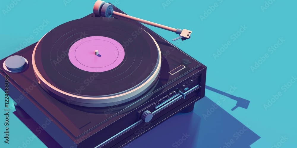 Poster a record player with a purple record on it. the record player is on a blue background. scene is nost