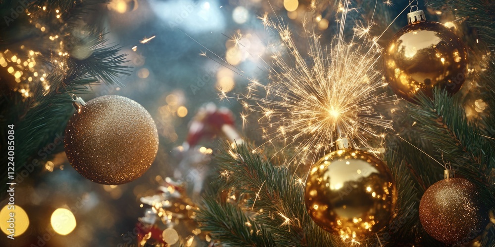 Poster a tree with many gold ornaments on it. the tree is lit up with lights and the ornaments are sparklin