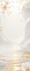 Abstract white and gold backdrop with flowers and gentle ripples, elegant, water, shiny