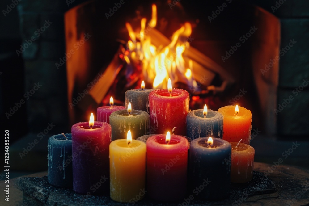 Poster a row of colorful candles are lit in front of a fireplace. the candles are arranged in a pyramid sha