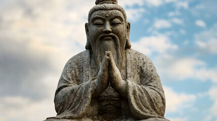 Stone Statue of Ancient Sage with Prayer Gesture Against Sky Background : Generative AI