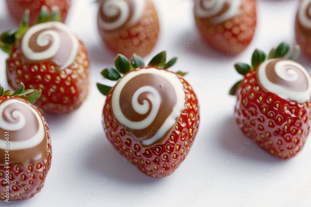 Aufkleber a close up of strawberries with chocolate swirls on top. the strawberries are arranged in a row, wit