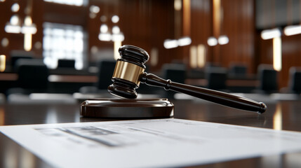 glowing legal gavel resting on wooden table in courtroom, symbolizing justice and authority. ambiance reflects serious and professional atmosphere
