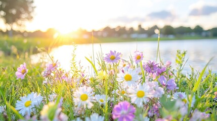Sunset lake wildflowers summer nature peaceful landscape postcard