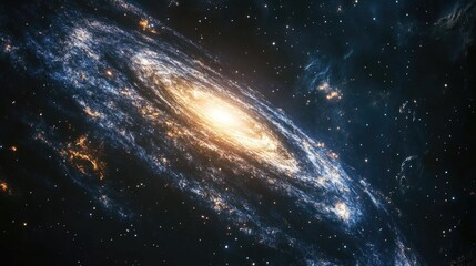 Fototapeta premium A spiral galaxy with a bright yellow star in the center. The galaxy is filled with stars and is surrounded by a dark blue sky