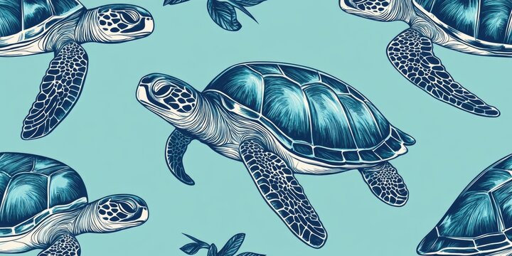 A blue and white turtle is shown in a pattern of turtles. The image has a calm and peaceful mood, as the turtles are depicted in a serene environment