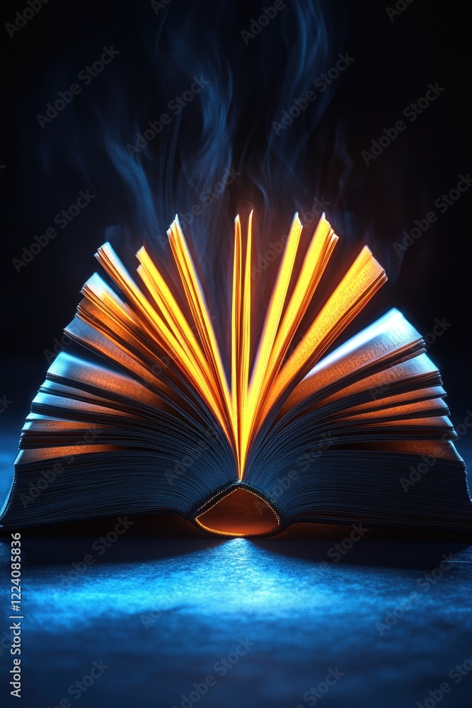 Poster a book is open to a page with a flame on it. the flame is orange and yellow, and it is surrounded by