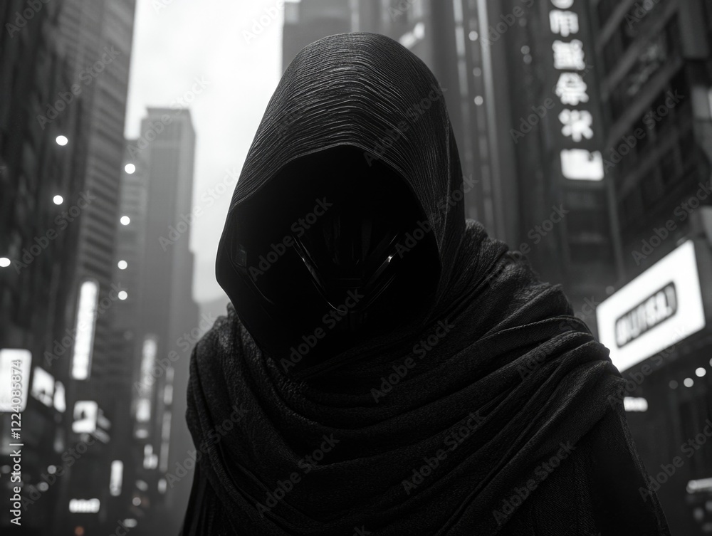 Poster a man in a hooded cloak stands in front of a building with chinese writing on it. the image has a da