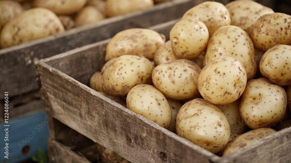Aufkleber a crate full of potatoes. the crate is wooden and has a rustic feel. the potatoes are all different 