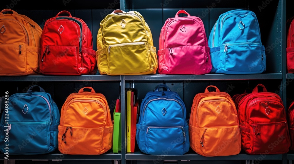 Poster a row of colorful backpacks are lined up on a shelf. the backpacks are of different colors and sizes