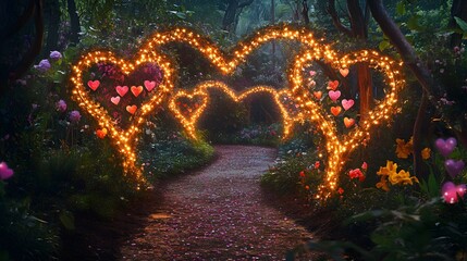 Romantic pathway adorned with glowing heart-shaped lights, enchanting love garden, perfect for intimate strolls and memorable moments.
