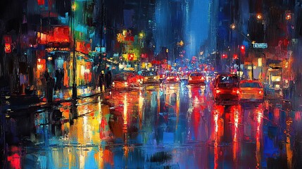 Rainy Night City Street, Vibrant Lights, Traffic, Reflection, Art Print