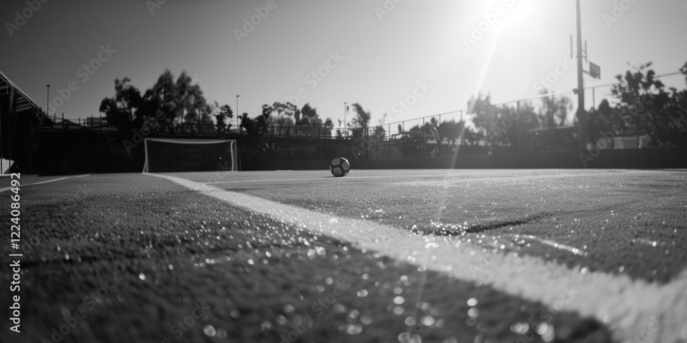 Poster a soccer field with a white line and a soccer ball on the ground. the image has a mood of calmness a