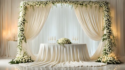 Elegant wedding sweetheart table setup with cream drapes, a floral arch, and candlelight.