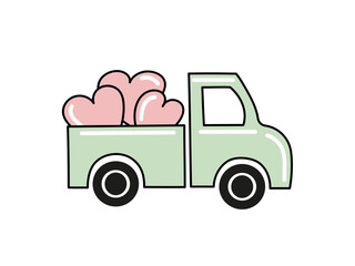 Cute truck doodle and flat illustration carrying hearts for love and eco themes