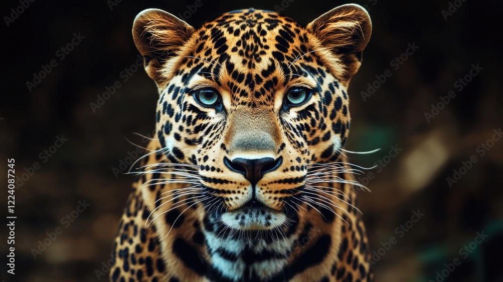 Poster a leopard is staring at the camera with its mouth open. the image has a moody and intense feeling, a