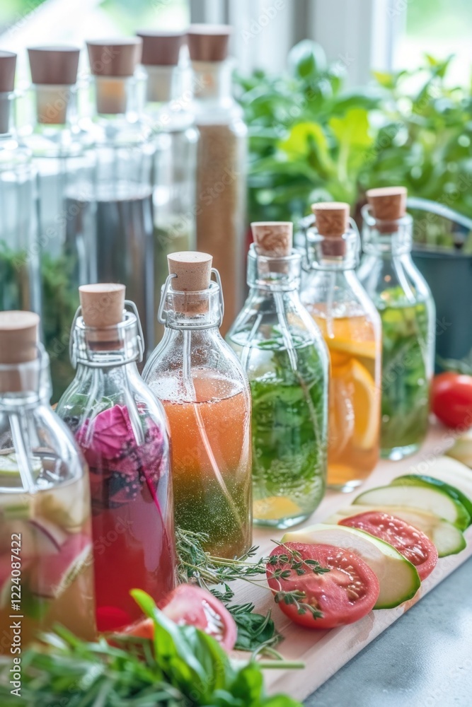 Poster a table with many bottles of different colored liquids and vegetables. the bottles are arranged in a