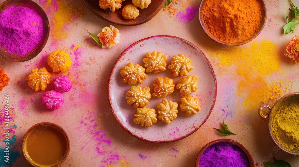 Poster a plate of cookies with a flower design sits on a table with other bowls and spices. the table is co