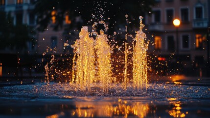 A fountain with water shooting out of it in the middle of the night. The water is reflecting the lights from the buildings around it
