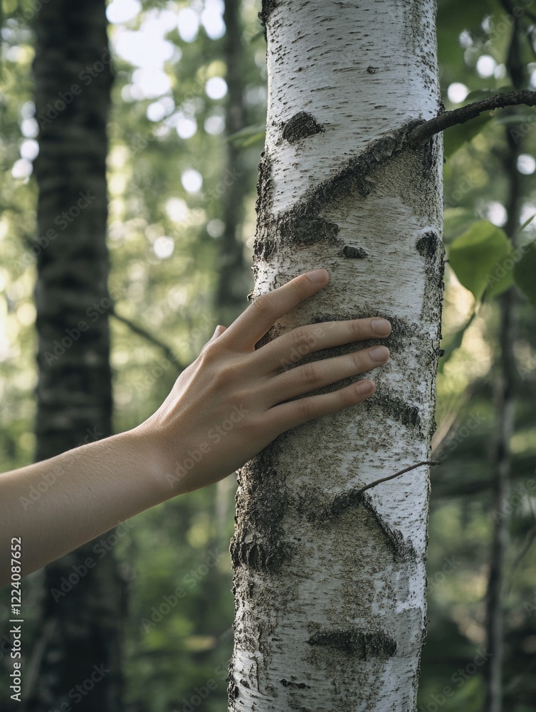 Aufkleber a hand is touching a tree trunk. the tree is covered in moss and has a rough texture. concept of con