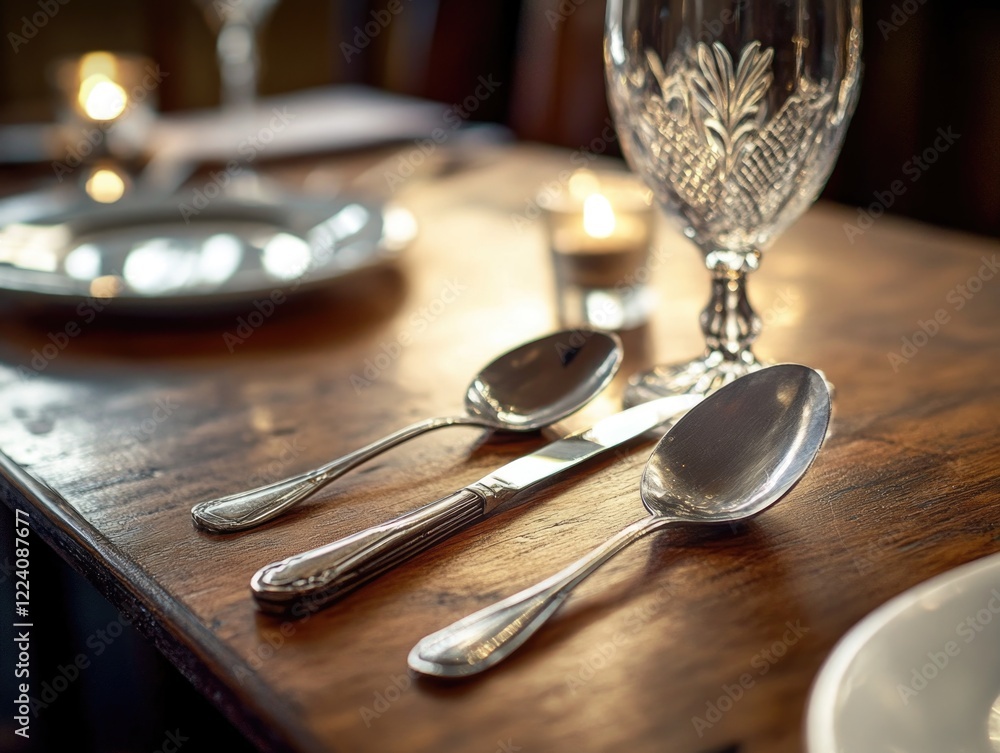 Poster a silverware set is on a wooden table with a candle in the middle. the table setting is elegant and 