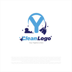 y initial letter combine with broom for cleaning service, house maintenance, repair, housecleaning, logo vector template concept