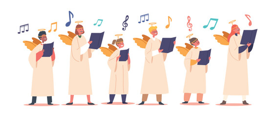 Children Characters Wear Angel Costumes Sing Harmoniously In A Choir. Girls And Boys Spreading Joy And Enchantment