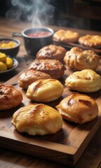 A steaming hot plate of traditional Colombian pastries on a wooden table , colorful, pastries