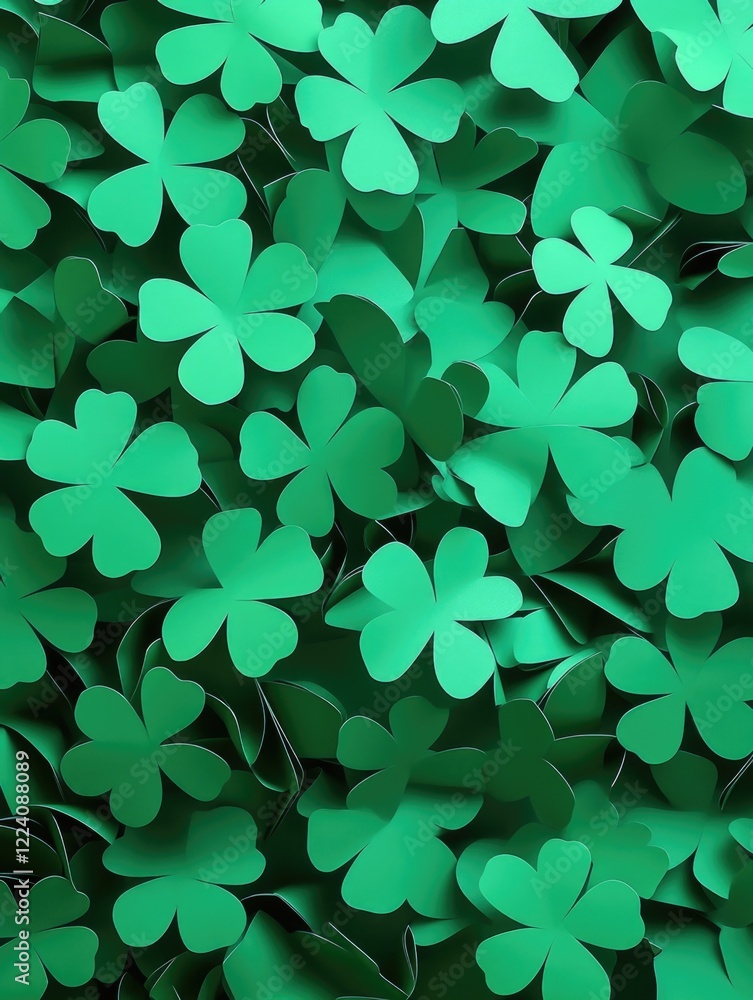 Poster a green background with many green clovers. the clovers are all different sizes and are scattered th