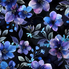Cute black and dark blue floral pattern, small flowers, leaves, and purple accents watercolor seamless pattern. Watercolor print in rustic vintage style, textile or wallpapers.