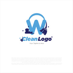 w initial letter combine with broom for cleaning service, house maintenance, repair, housecleaning, logo vector template concept