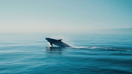 Fototapeta premium A whale breaching the surface of calm waters, showcasing marine wildlife in action.