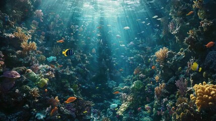 Naklejka premium Vibrant coral reef teeming with fish, sun rays, underwater ocean life, nature documentary