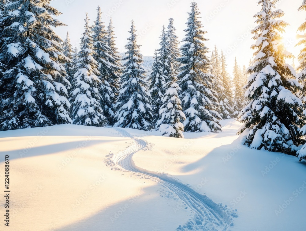 Poster a snow covered forest with a path through it. the path is made by skiers and the sun is shining thro