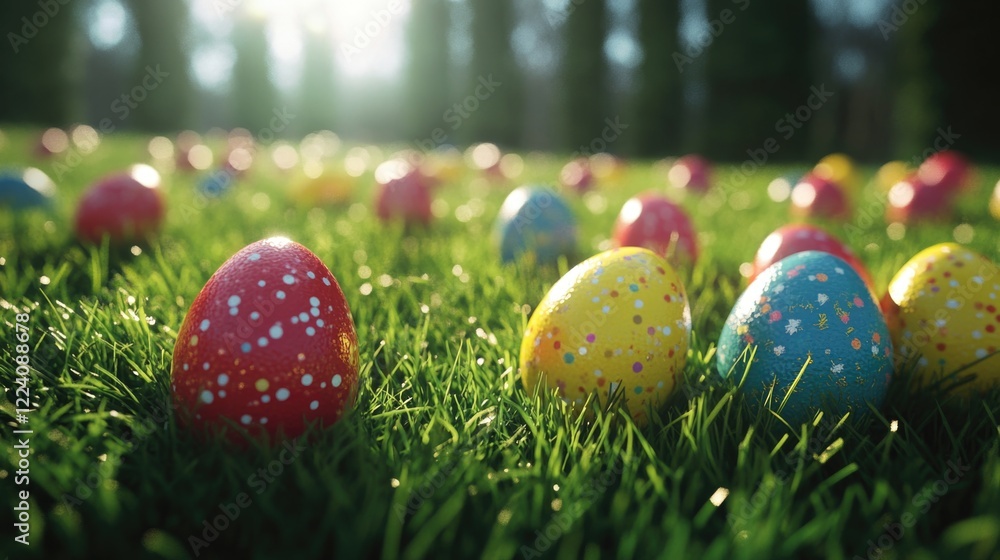 Poster a field of grass with a bunch of colorful eggs scattered throughout. the eggs are of different sizes