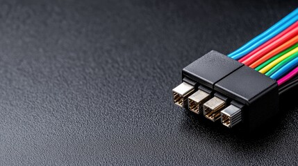 Colorful cables connector on dark surface. Technology background