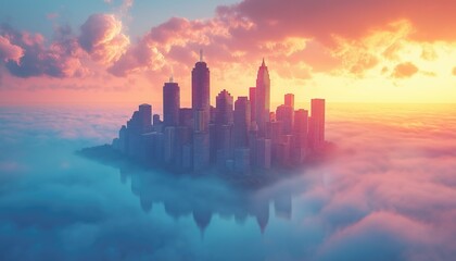 Fototapeta premium Air Pollution City Skyline Floating in Fog at Sunset with Pink Clouds